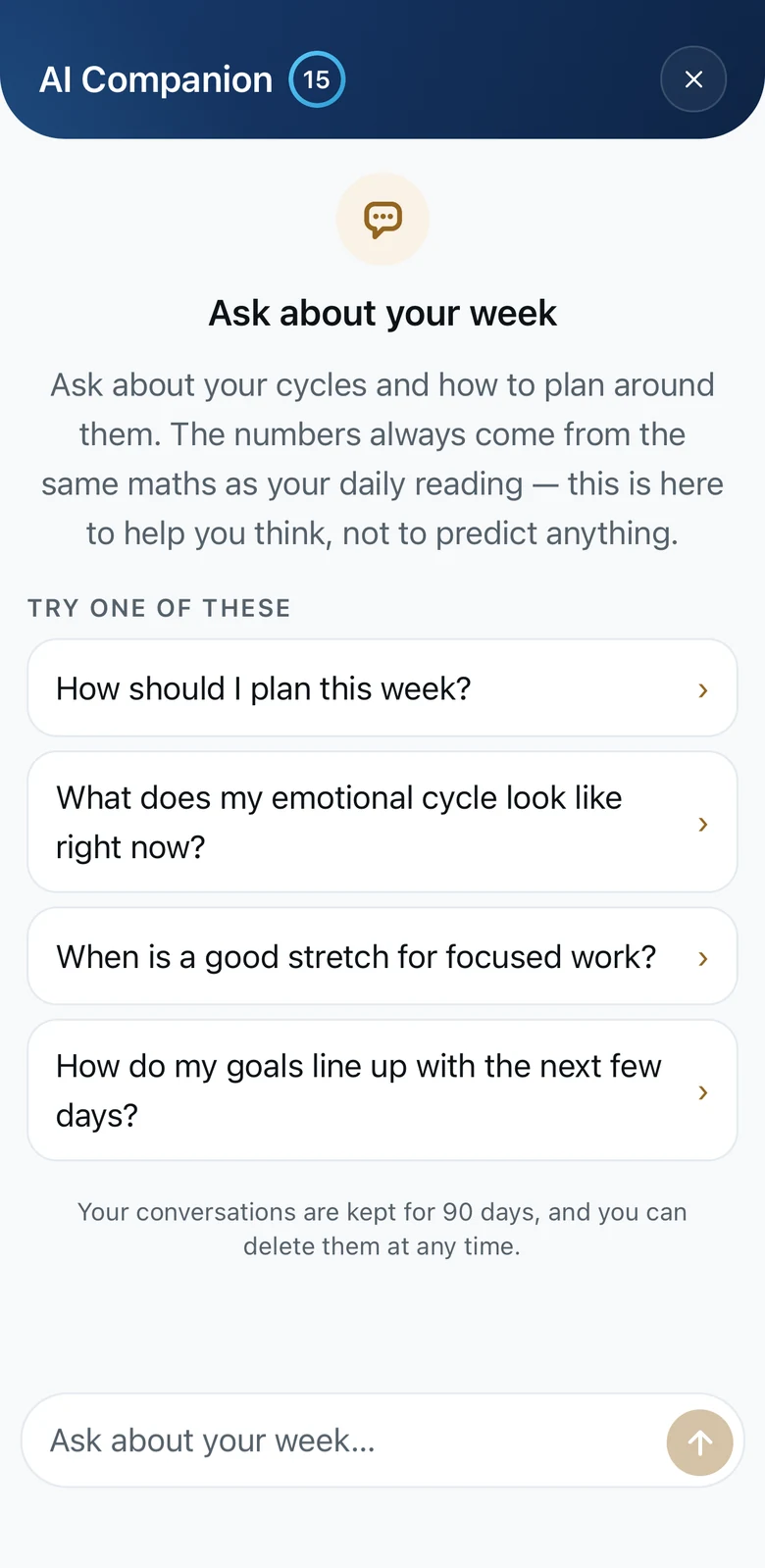 The companion screen: suggested questions such as “How should I plan this week?” and a message box.
