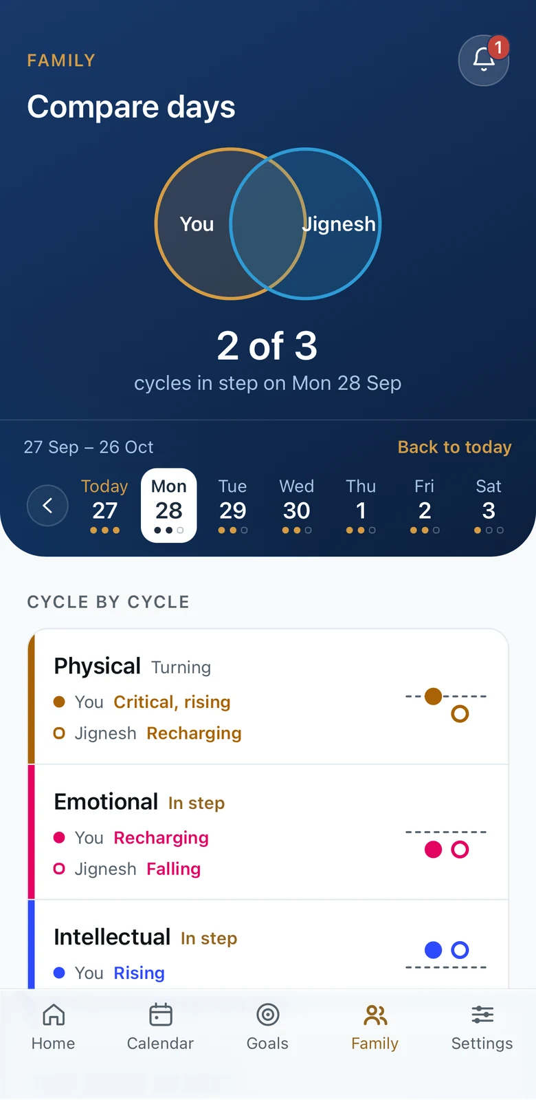 The family tab: two overlapping circles and a row of days showing how many cycles two people share.
